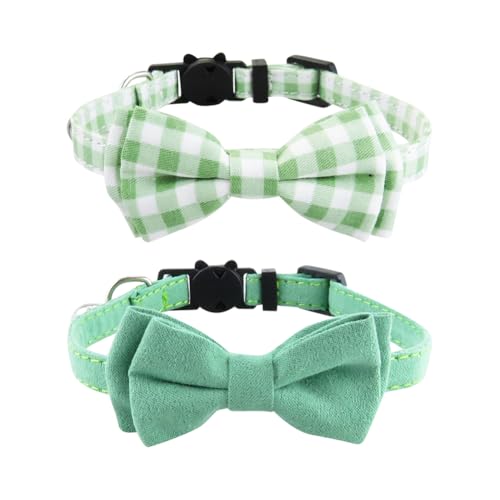 Katzenhalsband mit Fliege, einfarbig, kariert, für Weihnachten, niedliches Kätzchen-Halsband, verstellbar, weich, elegant, Kätzchenhalsband, klein, mit Glöckchen, Grün, 2 Stück Katzenhalsband mit Fliege, einfarbig, kariert, für Weihnachten, niedliches Kätzchen-Halsband, verstellbar, weich, elegant, Kätzchenhalsband, klein, mit Glöckchen, Grün, 2 Stück von JIHUOO