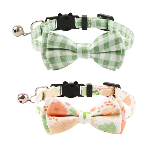 Sicherheits-Katzenhalsband mit Fliege und Glöckchen, verstellbare Katzenhalsbänder, kariert, für kleine Hunde, Blumenmuster, Grün, 2 Stück Sicherheits-Katzenhalsband mit Fliege und Glöckchen, verstellbare Katzenhalsbänder, kariert, für kleine Hunde, Blumenmuster, Grün, 2 Stück von JIHUOO