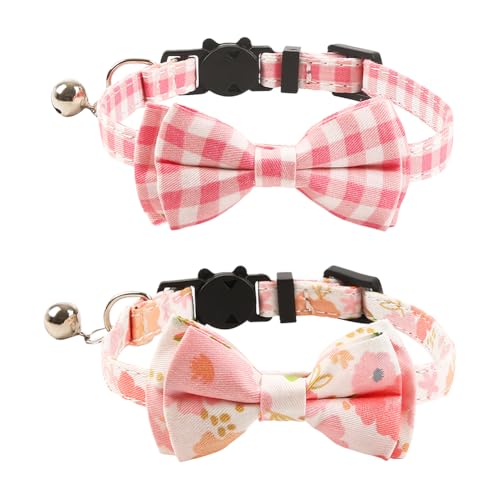 Sicherheits-Katzenhalsband mit Fliege und Glöckchen, verstellbare Katzenhalsbänder, kariert, für kleine Hunde, Blumenmuster, Rosa, 2 Stück Sicherheits-Katzenhalsband mit Fliege und Glöckchen, verstellbare Katzenhalsbänder, kariert, für kleine Hunde, Blumenmuster, Rosa, 2 Stück von JIHUOO
