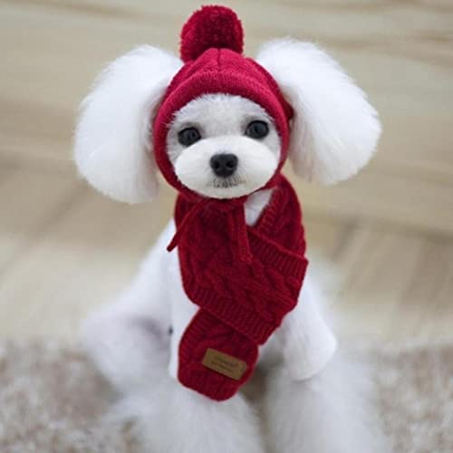 JIMINISO Hut für Hunde Winter Warme Streifen Strickmütze + Schalkragen Welpen Teddy Kostüm Weihnachtskleidung Weihnachtsmann Hundekostüm von JIMINISO