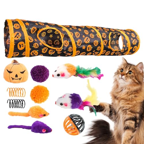 JINGLING Haustier-Katzentunnelröhre, Katzenspielzeug-Set mit Tunnel - Zusammenklappbare Halloween-Katzenröhren mit Katzenspielzeug - Interaktives Spielzeug mit Kürbismuster für gelangweilte Katzen und von JINGLING
