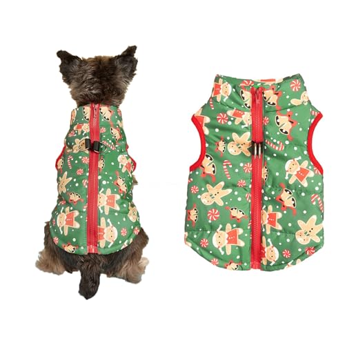 Hundejacke Winter Warm Pet Hund Kleidung Winddicht Hundemantel Warme Pet Hund Jacke Weihnachten Haustierkostüme mit D-Ring für kleine, Mittelgroße Hunde (grüner Lebkuchenmann, M) von JINGTOPS