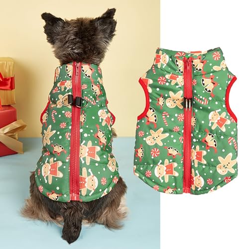 Hundejacke Winter Warm Pet Hund Kleidung Winddicht Hundemantel Warme Pet Hund Jacke Weihnachten Haustierkostüme mit D-Ring für kleine, Mittelgroße Hunde (grüner Lebkuchenmann, XL) von JINGTOPS