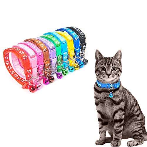 JINQII Niedliche Katzenhalsbänder mit Glöckchen, Sicherheitsverschluss, 10 Stück, verstellbare Cartoon-Fußabdruck-Halsbänder, geeignet für Kätzchen und kleine Hunde, 19–33 cm von JINQII