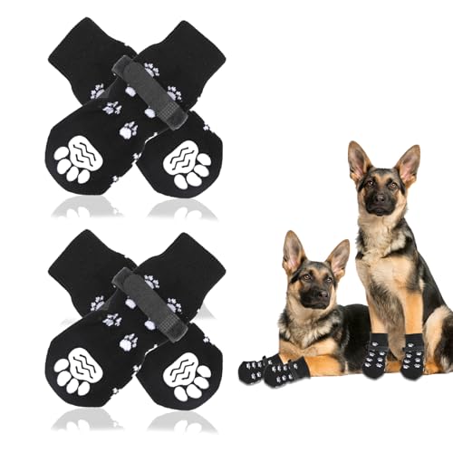 4 Stücke Indoor Anti-Rutsch Socken für Hunde, Anti Rutsch Pfotenschutz Hundesocken Outdoor Indoor Anti-Rutsch Socken für Große Hunde Weicher Verstellbarer Pfotenschutz mit Klettverschluss Schwarz (L) von JINSIHU