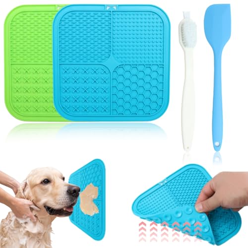 2 Stück Leckmatte Hund Schleckmatte Hund mit Saugnapf 1 Silikonspatel und Bürste Futtermatten für Hunde Angstlinderung Hundespielzeug Anti Rutsch Futtermatte für Butter Joghurt Fellpflege Klauenpflege von JINSIHU