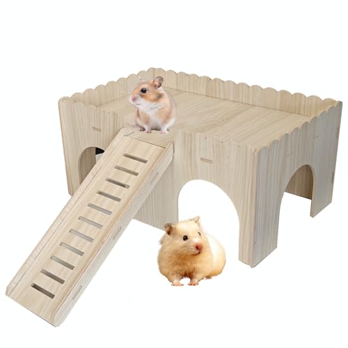 JINYOND Großes Haustierversteck aus Holz mit Rutsche, 4 Verbindungstüren, Naturholzhaus für Kaninchen, Meerschweinchen, Hamster und Kleintiere von JINYOND