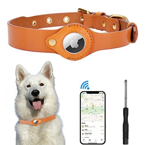 JIPIMON Airtag Hundehalsband, Leder, verhindert Verlust, verstellbar, bequem, echtes Leder, Apple Airtag Hundehalsband (Medium, Braun 1.0) von JIPIMON
