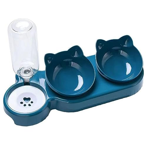 JISADER 3-in-1-Katzennapf-Set, doppelte Katzennäpfe mit 500-ml-Tränkeflasche, erhöhte Schüsseln, Futterspender für Haustiere zum Füttern von Welpen, Dunkelblau von JISADER