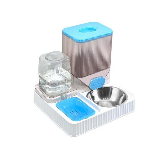 JISADER Automatischer Futterspender und Wasserspender, großes Fassungsvermögen für Katzen, Kaninchen, Hunde, Blau mit Schüssel von JISADER