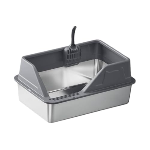 JISADER Katzentoilette aus Edelstahl mit Katzentoilette mit hohem Rand und Schaufel für kleine und große Katzen, Tiefgrau von JISADER