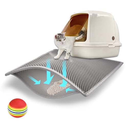 Katzenstreu Matte, Katzenklo Matte mit einem Katzenspielzeugball, Waben Katzenmatte katzenklo, Wasserdichtes Doppellagiges Design Cat Litter mat, katzenstreumatte(Grau 45x30cm) von JIUGGLAD