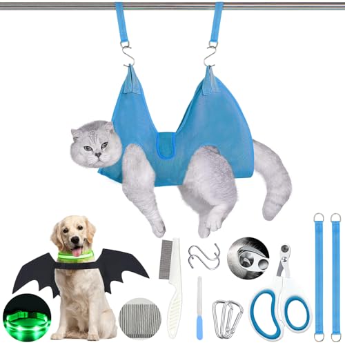 JIURUN Katzenpflege-Hängematte zum Nageltrimmen, Haustierpflege-Hängematte (XS), Trimmer, Nagelfeile, Haustierkamm, für Katzen und Hunde, LED-Halsband, leicht, wiederaufladbar und Flügel mit von JIURUN