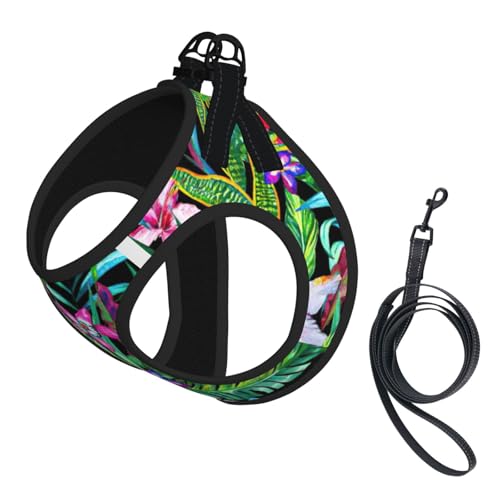Hundegeschirr mit Leine, buntes tropisches Blattmuster, verstellbar und reflektierend, für Welpen, Haustiere Hundegeschirr mit Leine, buntes tropisches Blattmuster, verstellbar und reflektierend, für Welpen, Haustiere von JIUTY