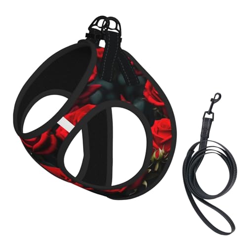 Hundegeschirr mit Leine, verstellbar, reflektierend, Motiv: rote Rosen Hundegeschirr mit Leine, verstellbar, reflektierend, Motiv: rote Rosen von JIUTY