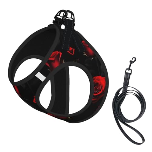 Hundegeschirr mit Leine, verstellbar und reflektierend, Motiv: rote Rosen und schwarzer Hintergrund, für Welpen, Haustiere Hundegeschirr mit Leine, verstellbar und reflektierend, Motiv: rote Rosen und schwarzer Hintergrund, für Welpen, Haustiere von JIUTY