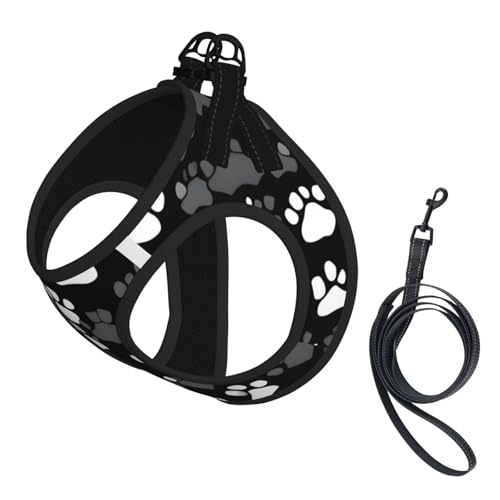 Hundegeschirr mit Leine, verstellbar und reflektierend, Pfotenabdruck, Schwarz und Weiß Hundegeschirr mit Leine, verstellbar und reflektierend, Pfotenabdruck, Schwarz und Weiß von JIUTY