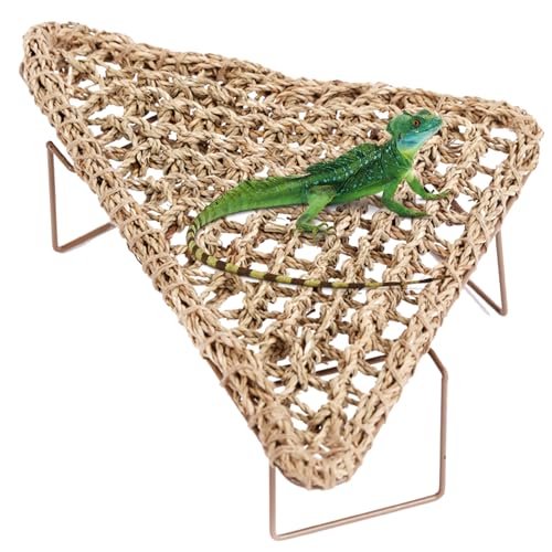 Große dreieckige Reptilien-Hängematte – extra breites Grasgewebe für Bartagamen, Eidechsen, Schlangen und Frösche – stabile Metallbeine, langlebiges Terrariendekor (Grasweben, groß) von JIYANMEI