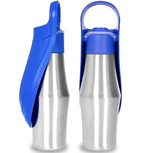 Tragbare Hundewasserflasche, 765.4 g Edelstahl, Haustier-Wasserspender mit auslaufsicherer Dichtung und faltbarem Wassernapf, Reise-Wasserflasche für Hunde (Dunkelblau, 750 ml) von JJIAGOLD