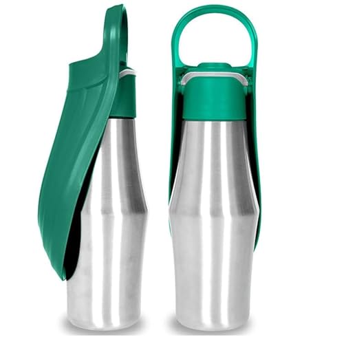 Tragbare Hundewasserflasche, 765.4 g Edelstahl, Haustier-Wasserspender mit auslaufsicherer Dichtung und faltbarer Wassernapf, Reise-Wasserflasche für Hunde (Dunkelgrün, 750 ml) von JJIAGOLD