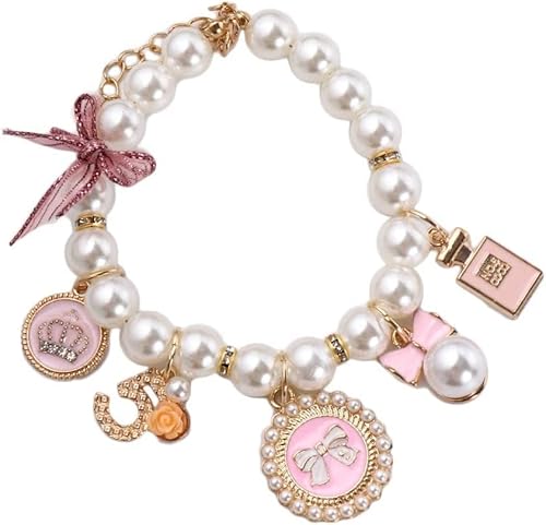 Rosa mittelgroße Halsbänder für Haustiere, Perlen, Hund, Prinzessin, Schleife, niedliches Halsband, Welpenzubehör, Katzenschmuck, Perlen-Umhängeband für Hunde und Katzen, Größe M von JJLFresheners