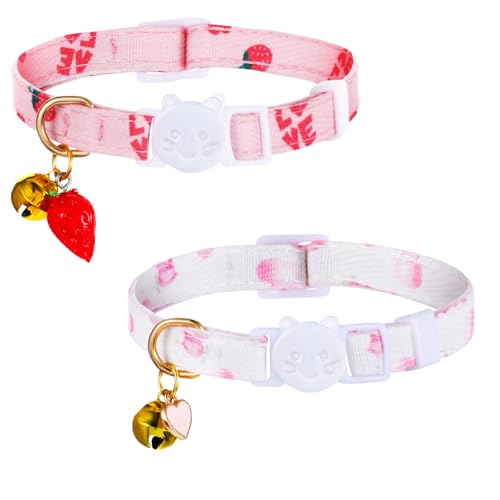 JJUNW Katzenhalsbänder, Sicherheits-verstellbare Katzenhalsbänder, Baumwoll-Katzenhalsband-Set, Erdbeeren und herzförmiger Anhänger, Kätzchenhalsband mit Glöckchen, sichere Schnellverschluss-Schnalle JJUNW Katzenhalsbänder, Sicherheits-verstellbare Katzenhalsbänder, Baumwoll-Katzenhalsband-Set, Erdbeeren und herzförmiger Anhänger, Kätzchenhalsband mit Glöckchen, sichere Schnellverschluss-Schnalle von JJUNW