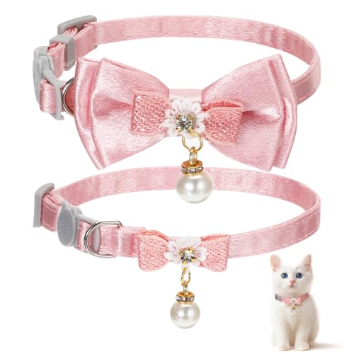 JJUNW Niedliches Katzenhalsband mit Schleife, niedliches Kätzchen-Halsband für Mädchen, Katzen, rosa Katzenschleifen und Zubehör, Sicherheits-Katzenhalsband mit Fliege (Stil 1), 2 Stück von JJUNW