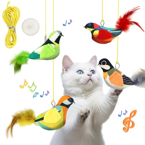 JJW 4PCS Katze Vogel Catnip Spielzeug in Geschenkboxen, Interaktives Katzenspielzeug Mit Echtem Zwitschern Vogel Elektronischen Sound, Wand Montiert Katzenspielzeug, Katzen Mögen Vögel Wirklich von JJW