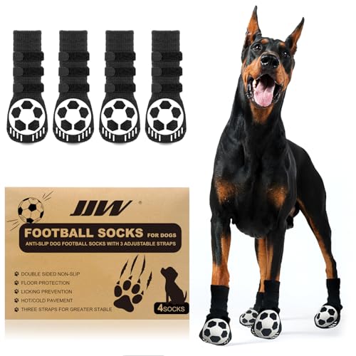 JJW Hundefußballsocken mit Anti - Rutschfunktion: 4 - Stück Set mit 3 Verstellbändern, doppelseitig rutschfest, ebenschonend und leckverhindernd von JJW