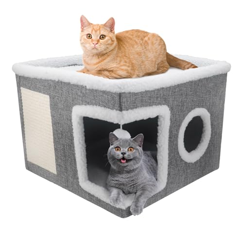 Katzenbett für Indoor-Katzen, große überdachte Katzenbetten Höhle mit Flauschigen Ball und Kratzmatte Faltbare Versteck Nest Condo für Kätzchen Kitty Pet (Grau, Groß) von JJoexyfit