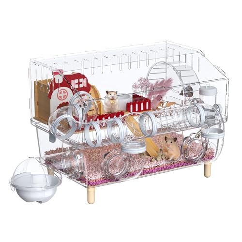 Hamsterkäfig aus Acryl, kaufest, 8-in-1, Hamsterhaus, 2-lagig, mit transparenter Sicht, offener Mauskäfig für Haustiermäuse, Hamster-Habitat für Zwerghamster, Rennmäuse (transparent, 45 x 33 x 30 cm) von JJunLiM
