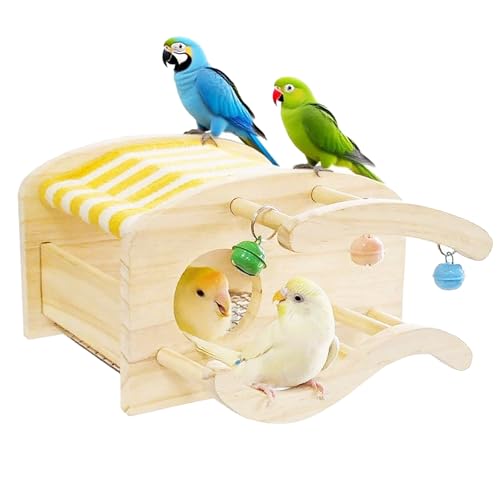 Vogelnest Papageienbett aus Holz mit Leiter und Glocke – Abnehmbarer Boden aus Edelstahlgeflecht, Vogelkäfig-Zubehör für Sittiche, Nymphensittiche von JJunLiM