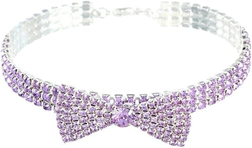 3 Reihen glitzernder Strass-Schmuck mit Schleife, Welpen-Hundehalsbänder mit Kristallbesatz für kleine Hunde, Kätzchen, Haustierzubehör, Lila, M von JKDSAO