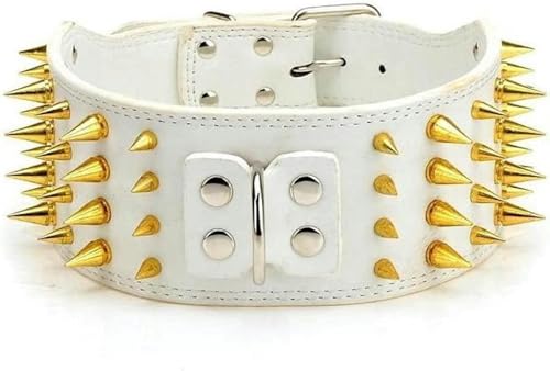 3 Zoll breites Hundehalsband mit goldenen Nieten für mittelgroße und große Hunde, mit Rundnieten besetztes PU-Leder-Haustierzubehör-weiß mit goldenen Nieten-M von JKDSAO