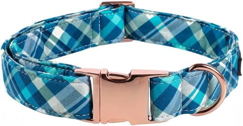 Blau Kariertes Hundehalsband mit Fliege, weiches Baumwollgewebe, Metallschnalle, verstellbares Haustier-Accessoire-Halsband-XS von JKDSAO