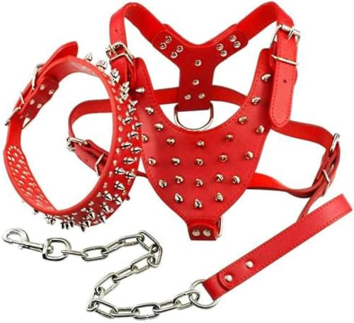 Cooles Hundegeschirr aus Leder mit Nieten, Halsband und Leine für mittelgroße und große Hunde, Rot, L Cooles Hundegeschirr aus Leder mit Nieten, Halsband und Leine für mittelgroße und große Hunde, Rot, L von JKDSAO