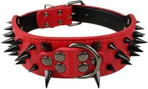 Cooles Hundehalsband mit Spikes und Nieten, Lederhalsband für mittelgroße und große Hunde, Rot/Schwarz, XL Cooles Hundehalsband mit Spikes und Nieten, Lederhalsband für mittelgroße und große Hunde, Rot/Schwarz, XL von JKDSAO