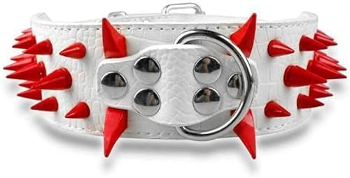Cooles Hundehalsband mit Spikes und Nieten, Lederhalsband für mittelgroße und große Hunde, Weiß/Rot, XL Cooles Hundehalsband mit Spikes und Nieten, Lederhalsband für mittelgroße und große Hunde, Weiß/Rot, XL von JKDSAO