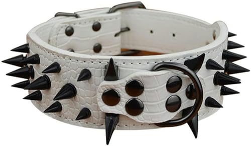 Großes Hundehalsband, 5,1 cm breit, 3 Farben, mit scharfen Spikes und Nieten besetzt, Krokodil-Stil, mittelgroße und große Hundehalsbänder, Weiß, S Großes Hundehalsband, 5,1 cm breit, 3 Farben, mit scharfen Spikes und Nieten besetzt, Krokodil-Stil, mittelgroße und große Hundehalsbänder, Weiß, S von JKDSAO