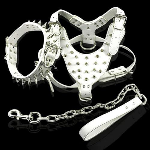 Hundehalsband, Hundegeschirr, Leine, mit Spikes und Nieten, aus Leder, 3-teiliges Set zum Spazierengehen für mittelgroße und große Hunde, grün, M-Weiß-L Hundehalsband, Hundegeschirr, Leine, mit Spikes und Nieten, aus Leder, 3-teiliges Set zum Spazierengehen für mittelgroße und große Hunde, grün, M-Weiß-L von JKDSAO