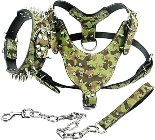 Hundehalsband, Hundegeschirr, Leine, mit Spikes und Nieten, aus Leder, 3-teiliges Set zum Spazierengehen für mittelgroße und große Hunde, grün, M-grün-M Hundehalsband, Hundegeschirr, Leine, mit Spikes und Nieten, aus Leder, 3-teiliges Set zum Spazierengehen für mittelgroße und große Hunde, grün, M-grün-M von JKDSAO