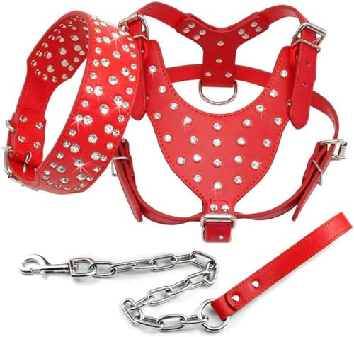 Hundehalsband, Hundegeschirr, Leine, mit glitzernden Strasssteinen besetzt, Leder, 3-teiliges Set zum Spazierengehen mit mittelgroßen und großen Hunden, Rosa, Schwarz, ML, XL-Rot-M Hundehalsband, Hundegeschirr, Leine, mit glitzernden Strasssteinen besetzt, Leder, 3-teiliges Set zum Spazierengehen mit mittelgroßen und großen Hunden, Rosa, Schwarz, ML, XL-Rot-M von JKDSAO