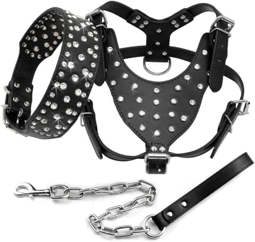 Hundehalsband, Hundegeschirr, Leine aus Leder mit glitzernden Strasssteinen, 3-teiliges Set zum Spazierengehen mit mittelgroßen und großen Hunden, Rosa, Schwarz, ML, XL-Schwarz-M Hundehalsband, Hundegeschirr, Leine aus Leder mit glitzernden Strasssteinen, 3-teiliges Set zum Spazierengehen mit mittelgroßen und großen Hunden, Rosa, Schwarz, ML, XL-Schwarz-M von JKDSAO