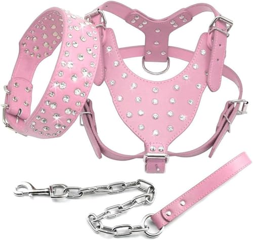 Hundehalsband, Hundegeschirr, Leine aus Leder mit glitzernden Strasssteinen, 3-teiliges Set zum Spazierengehen mit mittelgroßen und großen Hunden, Rosa, Schwarz, ML, XL Hundehalsband, Hundegeschirr, Leine aus Leder mit glitzernden Strasssteinen, 3-teiliges Set zum Spazierengehen mit mittelgroßen und großen Hunden, Rosa, Schwarz, ML, XL von JKDSAO