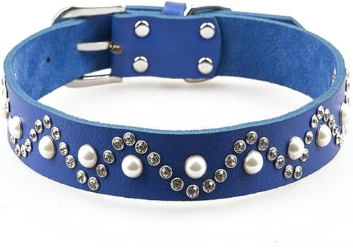 Hundehalsband aus Leder, Schmuck mit Perlen und Diamanten, besetzte Halskette, Haustierprodukte, Hundezubehör, Blau, L von JKDSAO