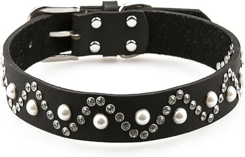Hundehalsband aus Leder, Schmuck mit Perlen und Diamanten, besetzte Halskette, Haustierprodukte, Hundezubehör, Schwarz, L von JKDSAO