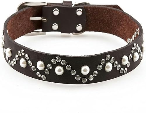 Hundehalsband aus Leder, Schmuck mit Perlen und Diamanten, besetzte Halskette, Haustierprodukte, Hundezubehör, braun, M von JKDSAO