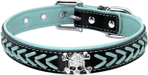 Hundehalsband aus geflochtenem Leder, weich gepolstert, mit Totenkopf-Nieten, verstellbar für mittelgroße und große Hunde, ML XL, Pink, M-Blau-M Hundehalsband aus geflochtenem Leder, weich gepolstert, mit Totenkopf-Nieten, verstellbar für mittelgroße und große Hunde, ML XL, Pink, M-Blau-M von JKDSAO