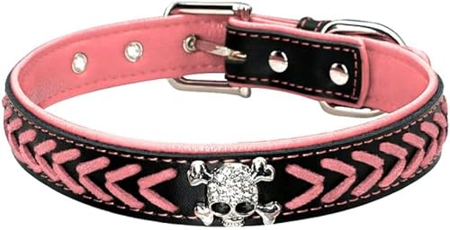 Hundehalsband aus geflochtenem Leder, weich gepolstert, mit Totenkopf-Nieten, verstellbar für mittelgroße und große Hunde, ML XL, Rosa, M-Rosa-XL Hundehalsband aus geflochtenem Leder, weich gepolstert, mit Totenkopf-Nieten, verstellbar für mittelgroße und große Hunde, ML XL, Rosa, M-Rosa-XL von JKDSAO