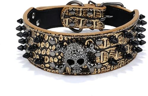 Hundehalsband mit Nägeln, Totenkopf-Nieten, Anti-Biss-Hundehalsband, mit Spikes und großer Kette, Schwarz/Gold, M Hundehalsband mit Nägeln, Totenkopf-Nieten, Anti-Biss-Hundehalsband, mit Spikes und großer Kette, Schwarz/Gold, M von JKDSAO